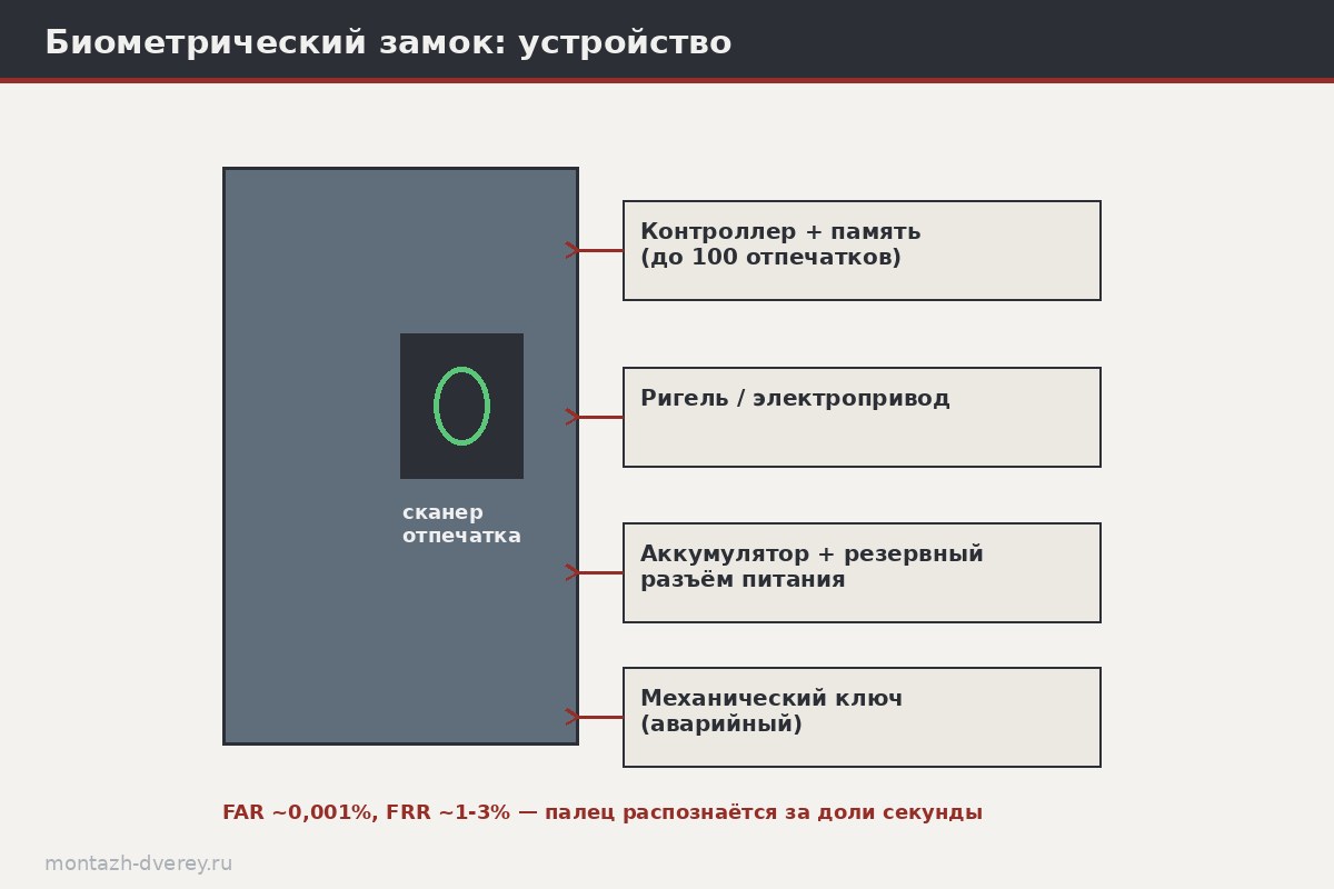 Схема биометрического замка: сканер отпечатка, контроллер, электропривод ригеля и отдельная механическая личинка под ключ как дублёр