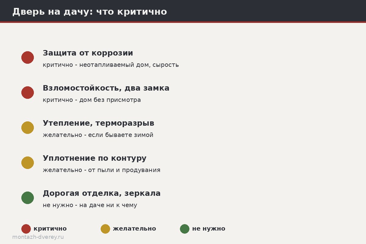 Схема приоритетов дачной двери: коррозия, вентиляция, замок, козырёк против дорогого декора и теплоконтура
