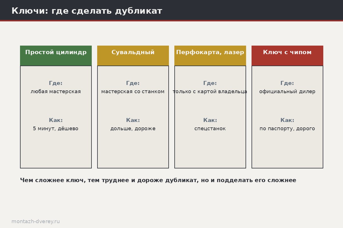 Схема трёх типов ключей: простой сувальдный, перфорированный с лунками, защищённый с картой владельца