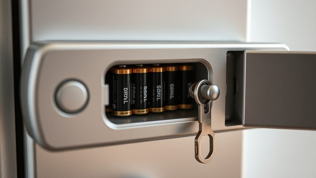 Открытая внутренняя панель электронного замка с четырьмя батарейками и аварийным механическим ключом