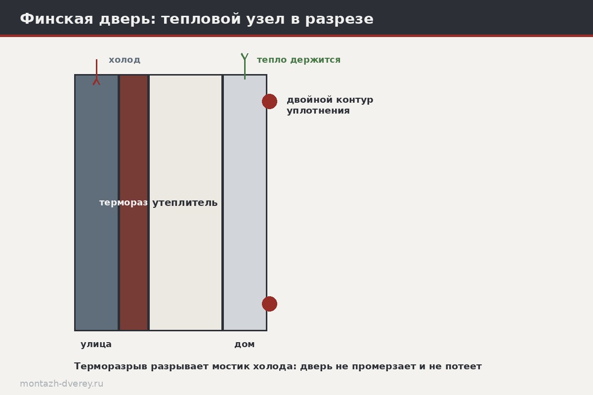 Узел финской двери в разрезе: наружный лист, терморазрыв, утеплитель, внутренний лист, тройной притвор