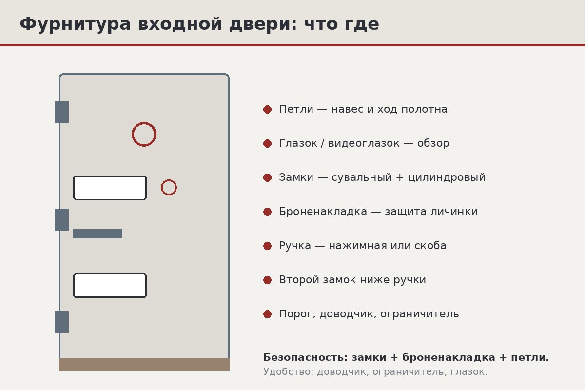 Раскладка узлов фурнитуры на схеме двери: где стоят замки, петли, ручка, глазок, броненакладка, доводчик и порог