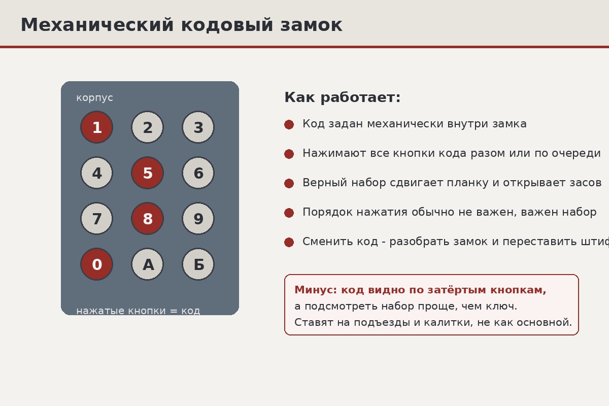Крупный план кнопок механического кодового замка, часть клавиш затёрта до блеска от частого нажатия