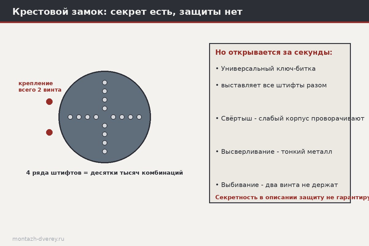 Схема крестового замка: штифты в четырёх рядах, крепление цилиндра двумя винтами