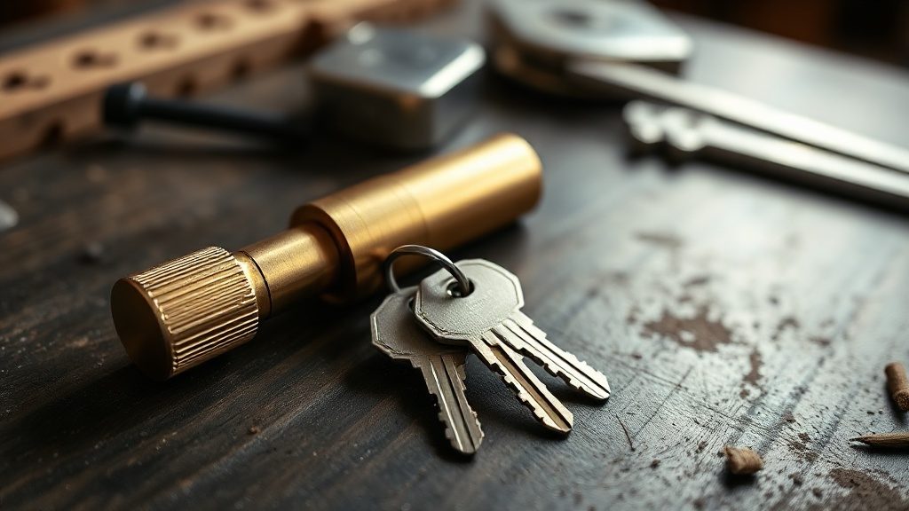 Латунная личинка замка входной двери с ключами лежит на верстаке