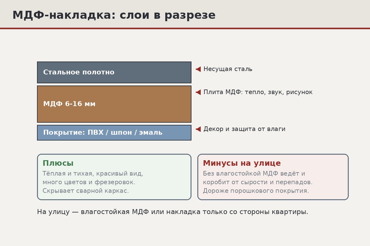 Разрез МДФ-накладки на входной двери: слой стального полотна, панель МДФ и внешнее покрытие плёнкой