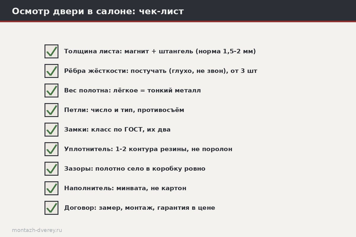 Схема разреза входной двери с подписями: стальной лист, рёбра жёсткости, наполнитель, контуры уплотнителя, петли и замки
