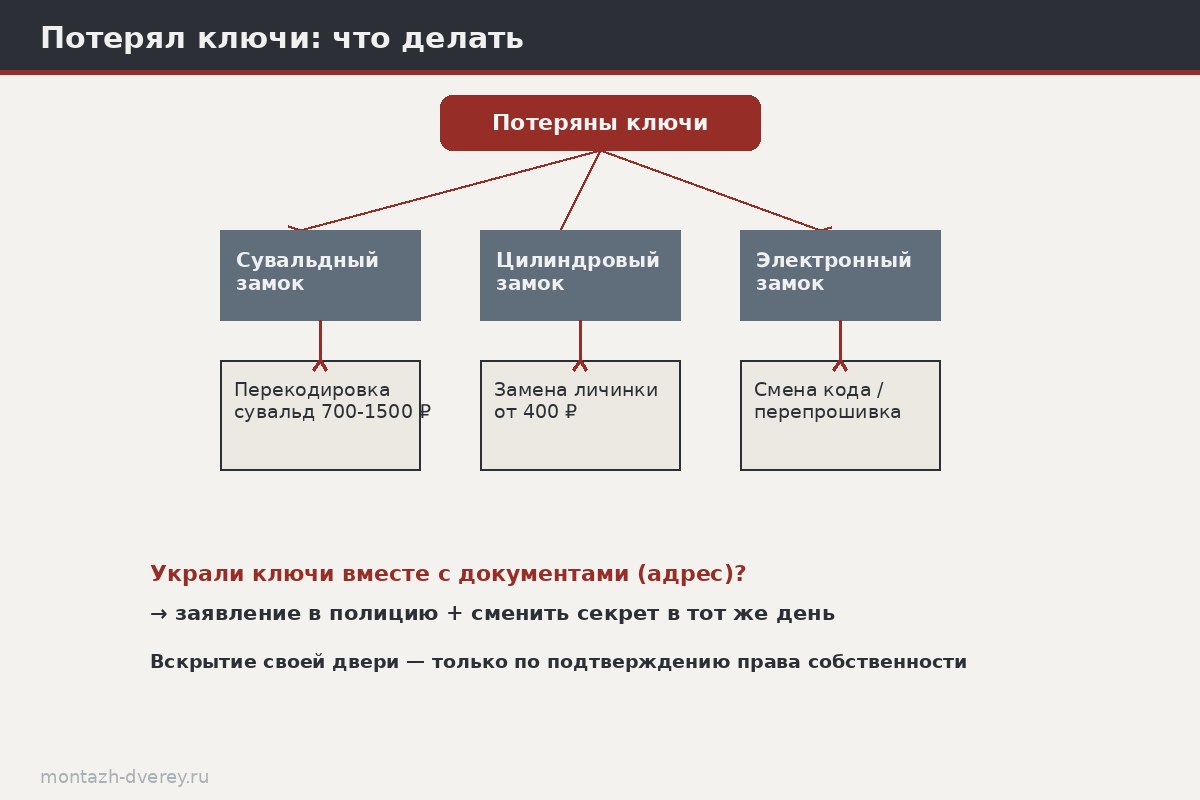 Схема трёх путей при потере ключа: перекодировка сувальдного, замена личинки цилиндрового, перепрошивка электронного