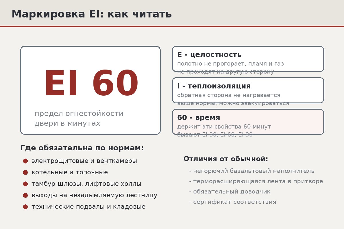 Металлический шильдик с маркировкой EI на торце противопожарной двери с указанием предела огнестойкости