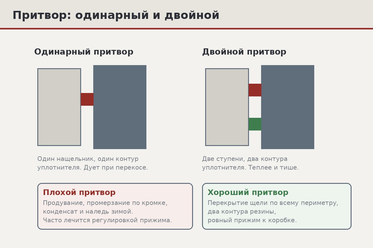 Схема сечения двойного притвора в разрезе: две ступени перекрытия полотна и коробки с двумя контурами уплотнителя и воздушной камерой