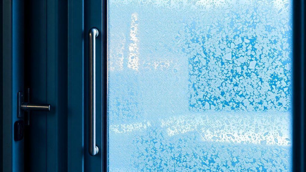 Внутренняя поверхность стальной входной двери покрыта инеем и кристаллами льда