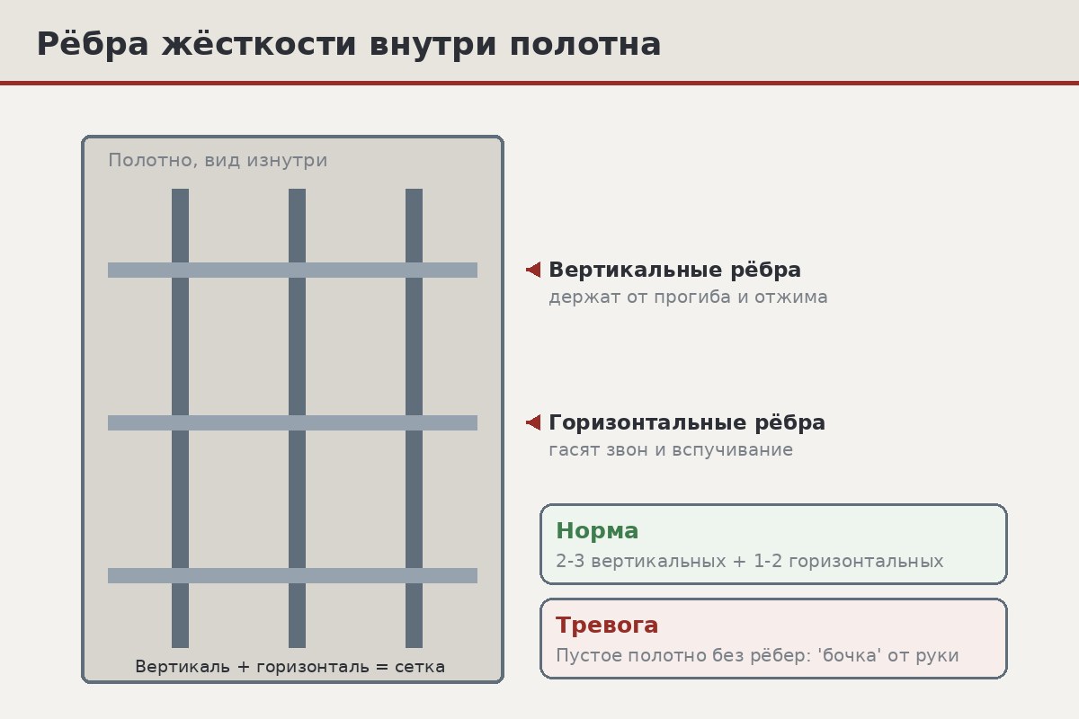 Схема сечения входной двери с рёбрами жёсткости: наружный и внутренний лист, вертикальные профили и заложенный между ними утеплитель в карманах