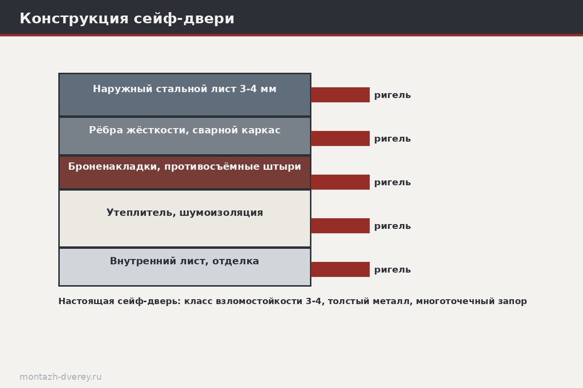 Сравнение в разрезе: обычная дверь с тонким листом и сейф-дверь с толстой сталью, рёбрами и двумя замками