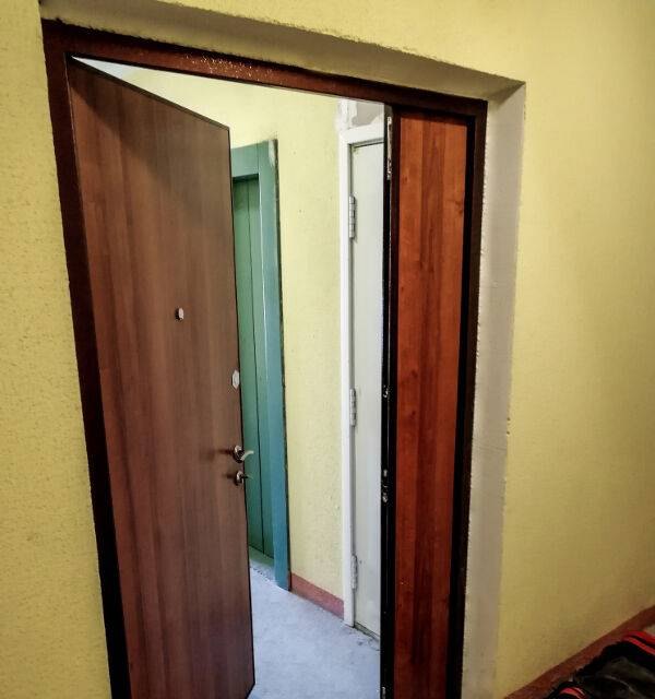 Открытая входная металлическая дверь в проёме на лестничной площадке, видна коробка и петли