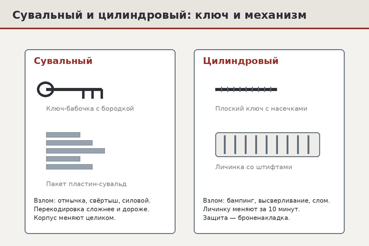 Сравнение двух механизмов: слева пакет пластин-сувальд и ключ-бабочка, справа личинка со штифтами и плоский ключ