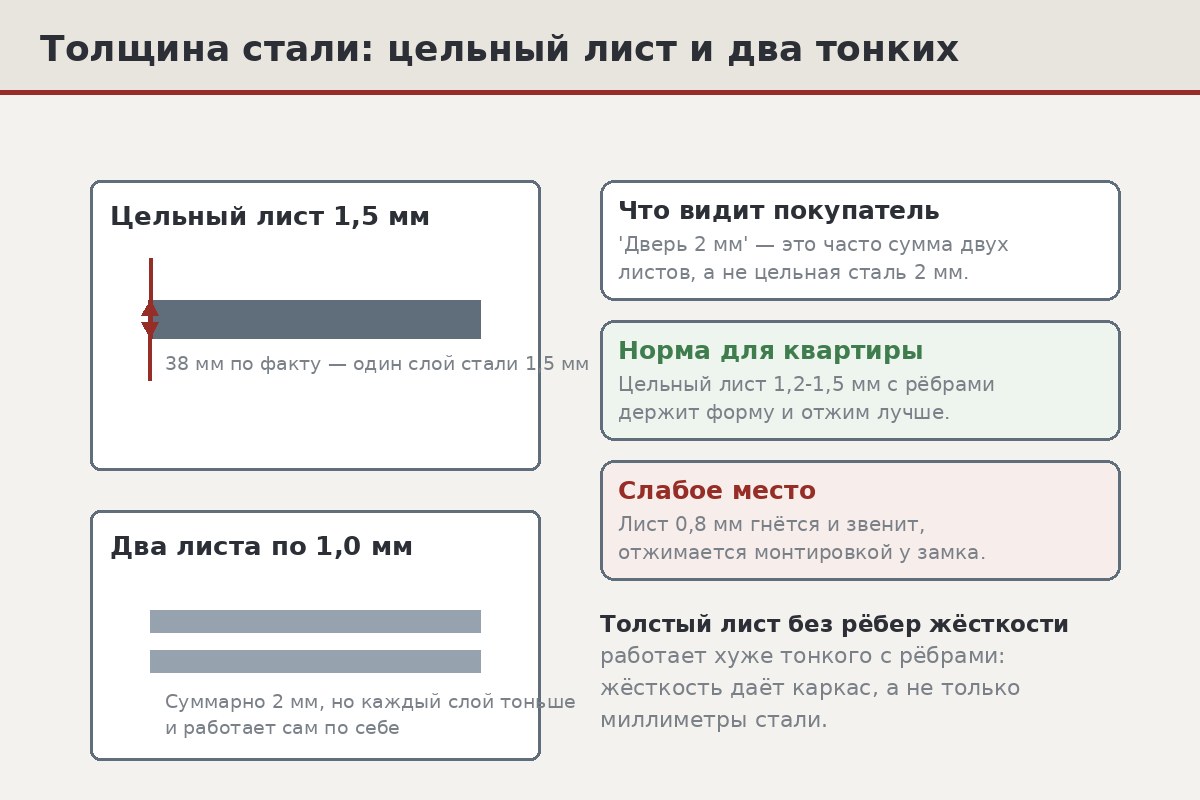 Разрез дверного полотна: наружный и внутренний стальные листы, каркас с рёбрами и наполнитель между ними