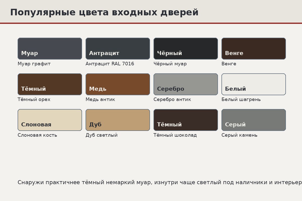 Палитра популярных цветов входных дверей: муар графит, коричневый и чёрный, антрацит RAL 7016, венге, тёмный орех, античная медь и серебро