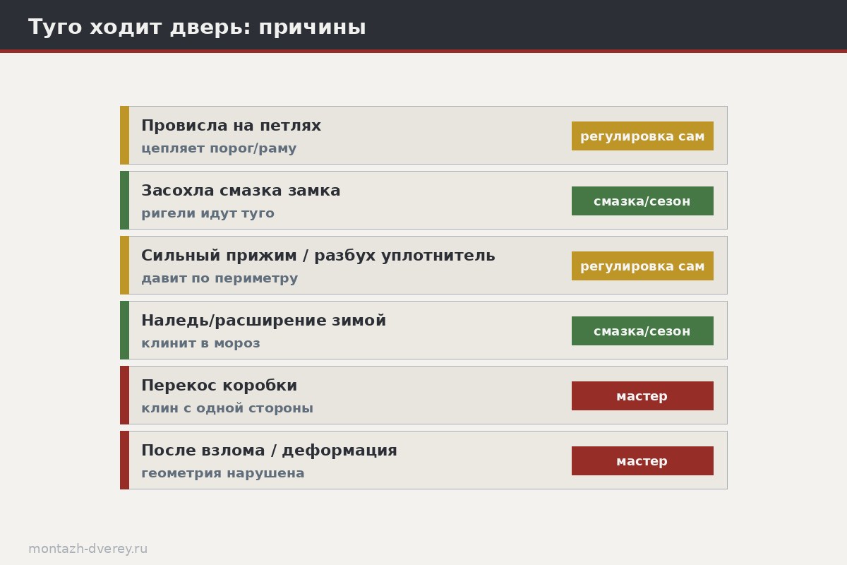Схема входной двери с подписями причин тугого хода: петли, замок, уплотнитель, зазоры притвора