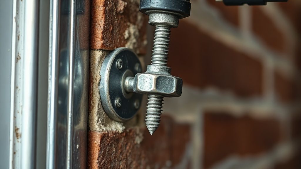 Анкерный болт вкручен в кирпичную стену, крепит металлическую дверную коробку