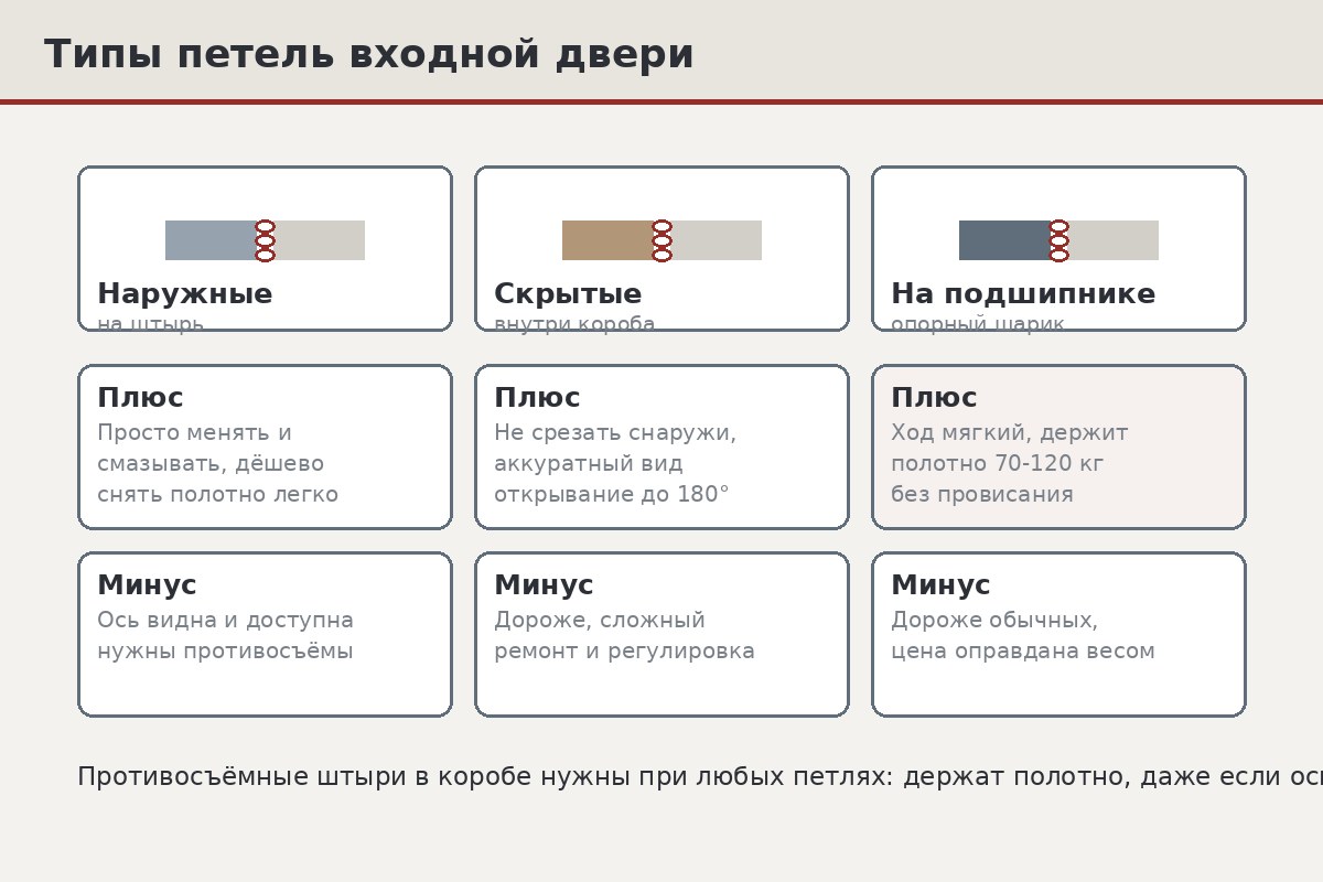 Схема-сравнение навесной карточной, ввёртной и скрытой петли входной двери в разрезе