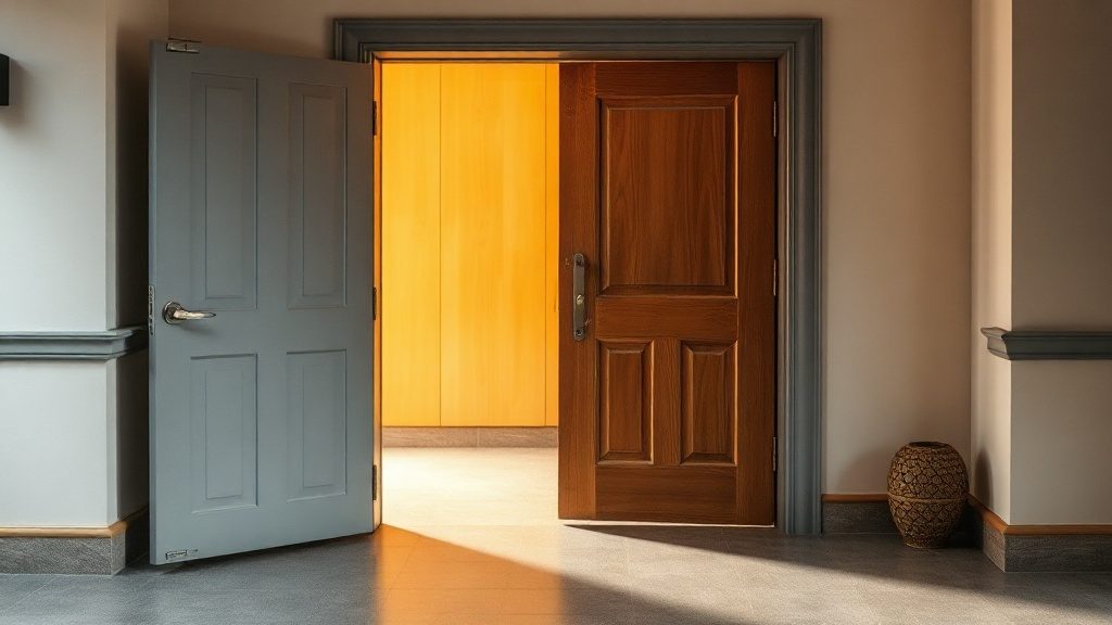 Прихожая с двумя дверьми в одном проёме: серая металлическая снаружи открыта, за ней деревянная внутренняя
