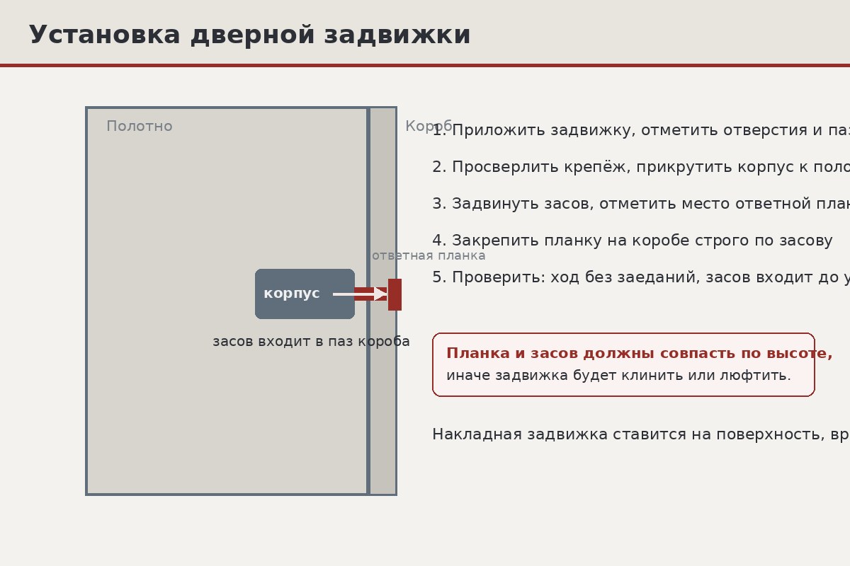 Мастер размечает и сверлит отверстия под крепёж задвижки на внутренней стороне стальной входной двери