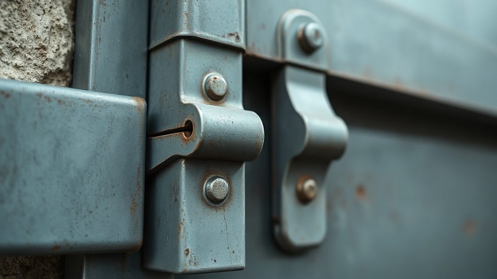 Приварная петля на торце металлической входной двери крупным планом, видна половина петли на полотне и на коробке