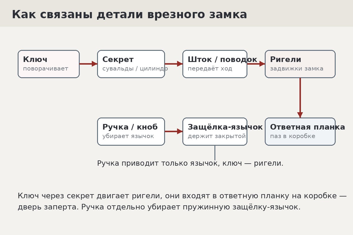 Схема связи деталей замка: ключ, секрет, шток, ригели и ответная планка на коробке двери