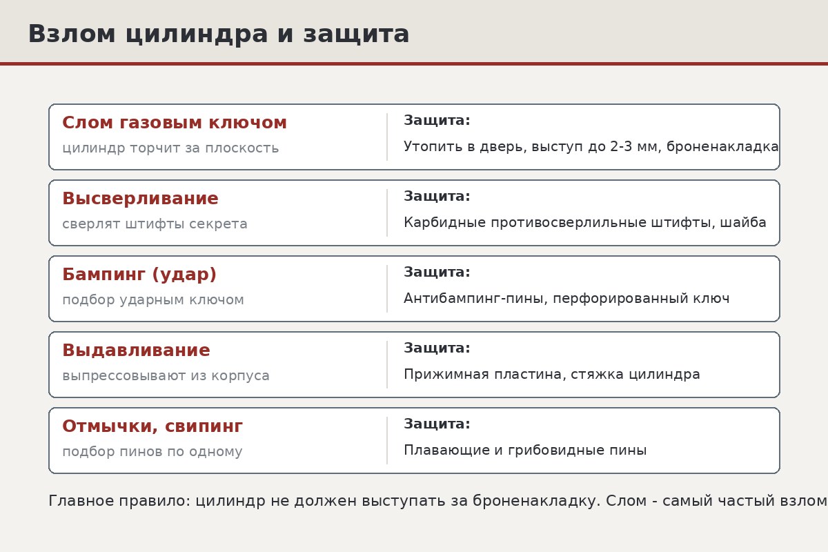 Схема в разрезе: способы взлома цилиндра сверлом и слом газовым ключом, и защита броненакладкой